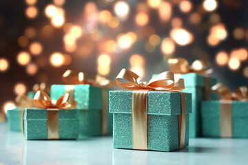 Mint gift boxes with golden bows on the background of bokeh effect. Generative AI