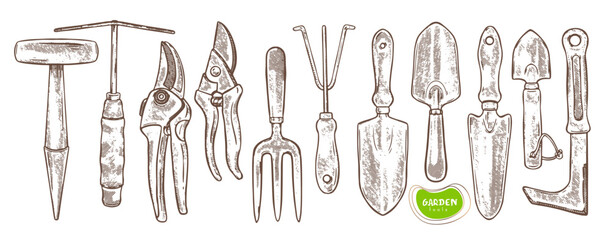 Vector set of Gardening tools. Collection of hand drawn vector illustration, line art. 