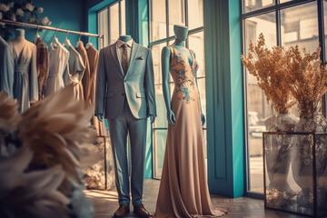 Elegance dress and suit. Boutique interior design, super photo realistic background. Generative ai illustration