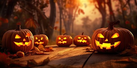 Scary pumpkin faces in the night. Spooky Halloween smiling Jack-o-Lanterns on a dark background