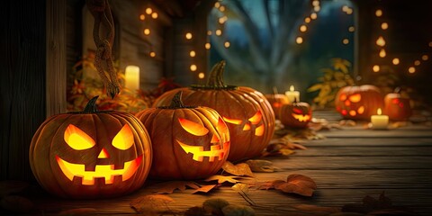 Fototapeta premium Scary pumpkin faces in the night. Spooky Halloween smiling Jack-o-Lanterns on a dark background