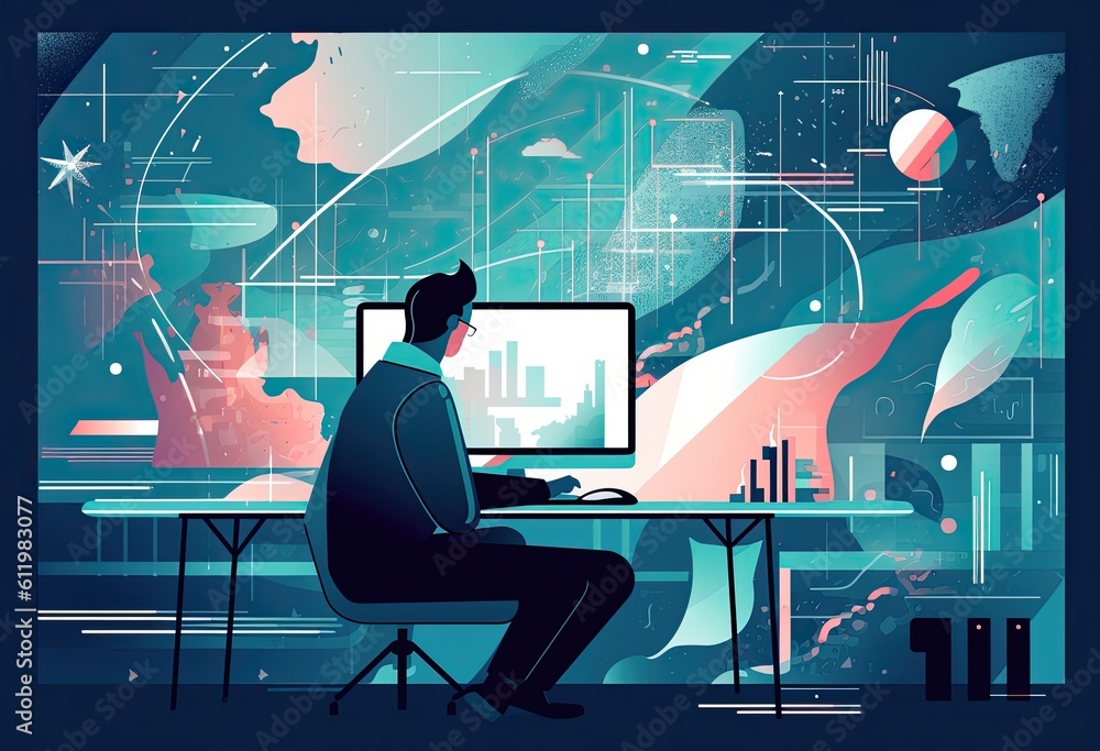Aufkleber a man on a laptop computer using a dashboard, in the style of abstract compositions, digital print, 