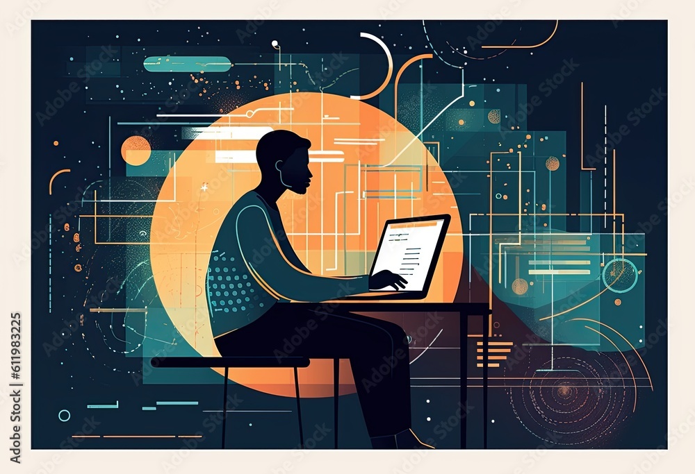 Aufkleber a man on a laptop computer using a dashboard, in the style of abstract compositions, digital print, 