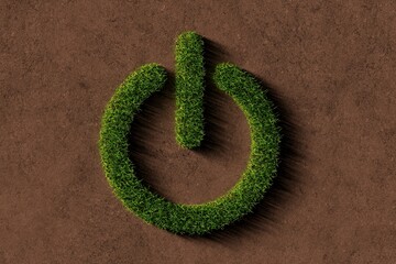 Power button symbol made from grass on brown soil background, green energy, ecology or environment concept