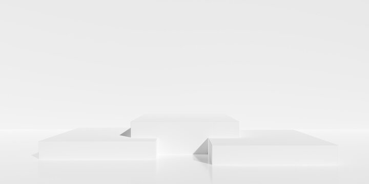 Three empty, blank, box shaped podiums or dais in white room background, minimal modern product or design placement template