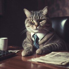 The cat - office clerk or businessman sits at the table in the office, cat in a tie. Generative ai