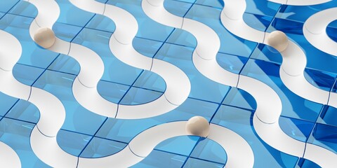 Multiple white balls or spheres in white and blue curvy maze or labyrinth, business strategy or problem solving or strategy solution concept, selective focus