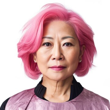 Portrait of an Asian senior woman with pink color hair isolated on white. Generative AI