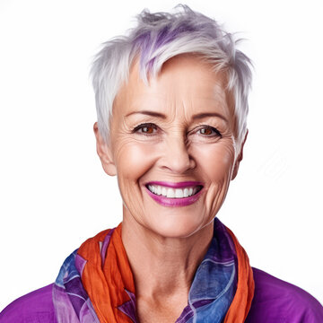 Portrait of a senior woman with pastel color short hair smiling isolated on white. Generative AI