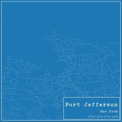 Blueprint US city map of Port Jefferson, New York.