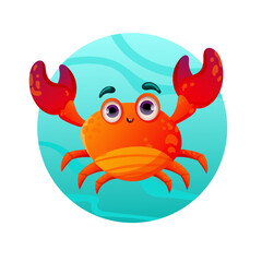 Cartoon crab. Design for print, sticker, party decoration, logo, emblem, magazine prints or journal article, t-shirt design, poster. Vector illustration 