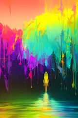 Obraz premium Silhouette of a girl walking in the rainbow. Generative AI