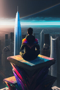 Man meditating on top of a skyscraper. Generative AI