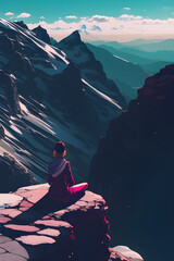 Girl sitting in silence on top of a mountain. Generative AI