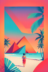 Tropical geometric wallpaper with the silhouette of a woman. Generative AI