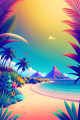 Fototapeta na wymiar Tropical island with palm trees, digital illustration. Generative AI