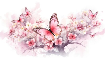 Fototapeta na wymiar Watercolor Butterflies and Cherry Blossoms Spring Greeting Card. Generative AI