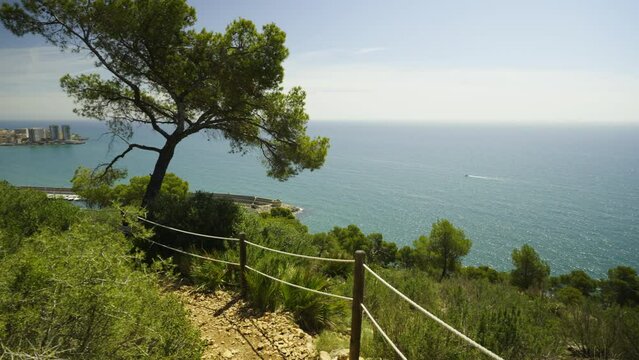 View of the port and Oropesa del Mar, Castellon on the coast of Spain. High quality 4k footage