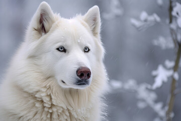 A white husky is standing in the snow