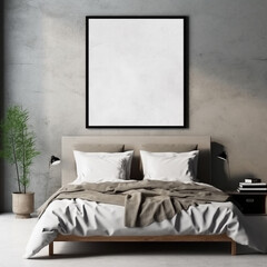 interior of a bedroom, white blank canvas on the wall