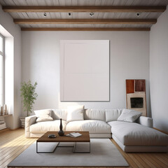 mockup blank white canvas on the wall, in the living room
