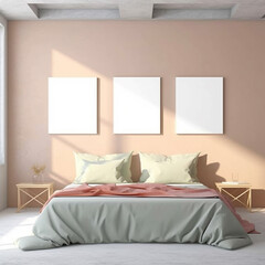 interior of a bedroom, white blank canvas on the wall
