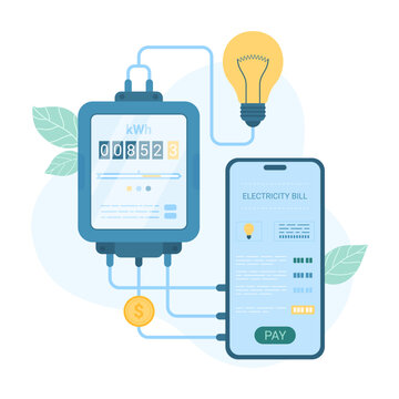 Electricity Bill Payment Online Vector Illustration. Cartoon Mobile Phone Of Consumer With Digital App For Paying Money For Electric Energy, Communication Between Smartphone, Meter And Light Bulb