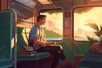 Traveling by train at sunset, illustration generated by AI technology