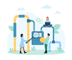 Gas bill payment vector illustration. Cartoon tiny people check gas meter readings and price with magnifying glass, customer characters pay money online for supply service and heating of family house