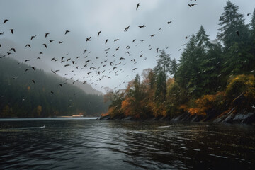 A flock of birds flies over a lake surrounded by a valley generated by AI technology