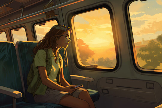 Traveling By Train At Sunset, Illustration Generated By AI Technology