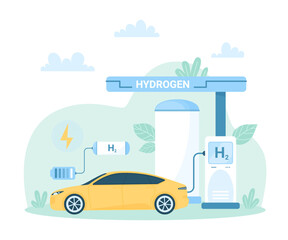 Fuel cell vehicle, scheme of H2 station to charge car battery vector illustration. Cartoon eco transport with green hydrogen engine, zero emissions automotive technology, sustainable power plant