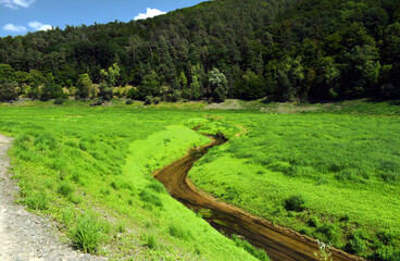 Krajobraz góry , las oraz wijący się strumień.  © Klara