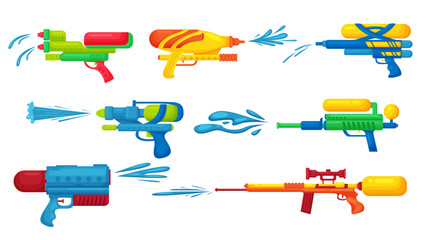 Water guns set vector illustration. Cartoon isolated festival watergun toys with water splashes collection, cute squirt pistols for summer party and festival, funny weapon for fun fight game of kids