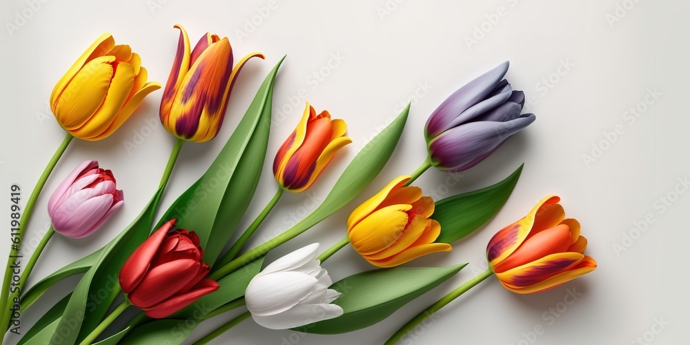 Aufkleber tulips in various colors on a white backdrop with blank area for writing. generative ai