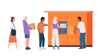 Obraz premium Cartoon people standing in line at postal automat locker, customers waiting to receive store orders or send parcel boxes. Self service in post office interior, queue to postomat vector illustration