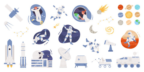 Space set vector illustration. Cartoon isolated collection with male and female astronauts inside and outside of spaceship, solar system planets and satellite, shuttle, observatory telescope and rover