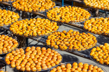 Peeled persimmons drying at outdoor