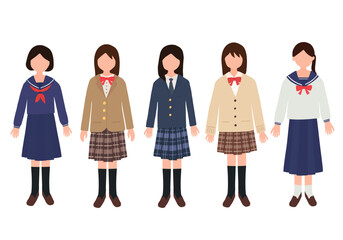 Obraz premium 制服を着た中高生女子のシンプルイラストセット