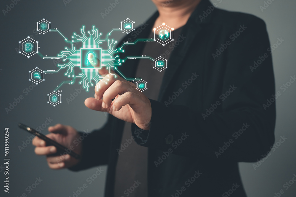 Poster a person touch ai chip.new technology big data and business process strategy, customer service manag