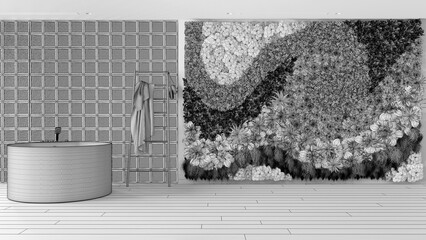 Blueprint unfinished project draft, modern bright bathroom with round bathtub. Glass brick walls, vertical garden, parquet and decors. Minimal interior design