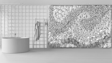 Total white project draft, modern bright bathroom with round bathtub. Glass brick walls, vertical garden, parquet and decors. Minimal interior design