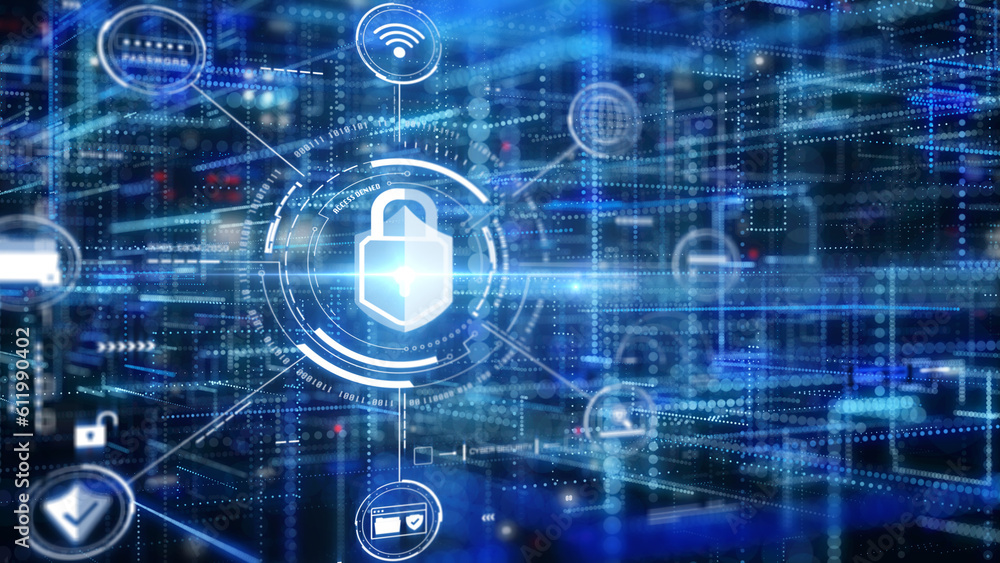 Aufkleber Cyber attack security an encryption network protection business technology. Internet UI access authorize with padlock, shield, folder, wifi icon illustration background.
