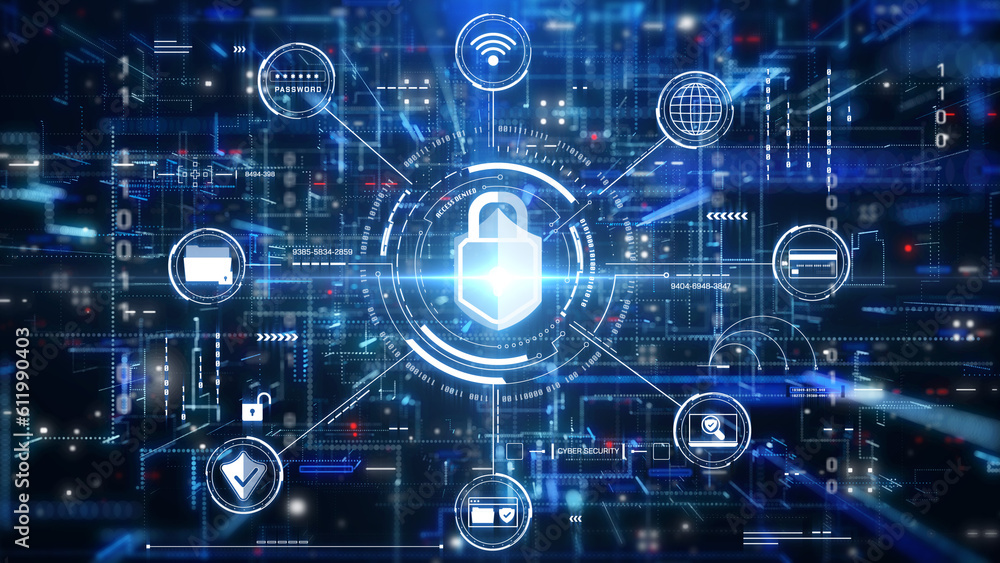 Poster Cyber attack security an encryption network protection business technology. Internet UI access authorize with padlock, shield, folder, wifi icon illustration background.