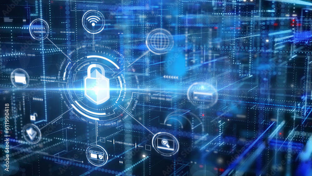 Poster Cyber attack security an encryption network protection business technology. Internet UI access authorize with padlock, shield, folder, wifi icon illustration background.