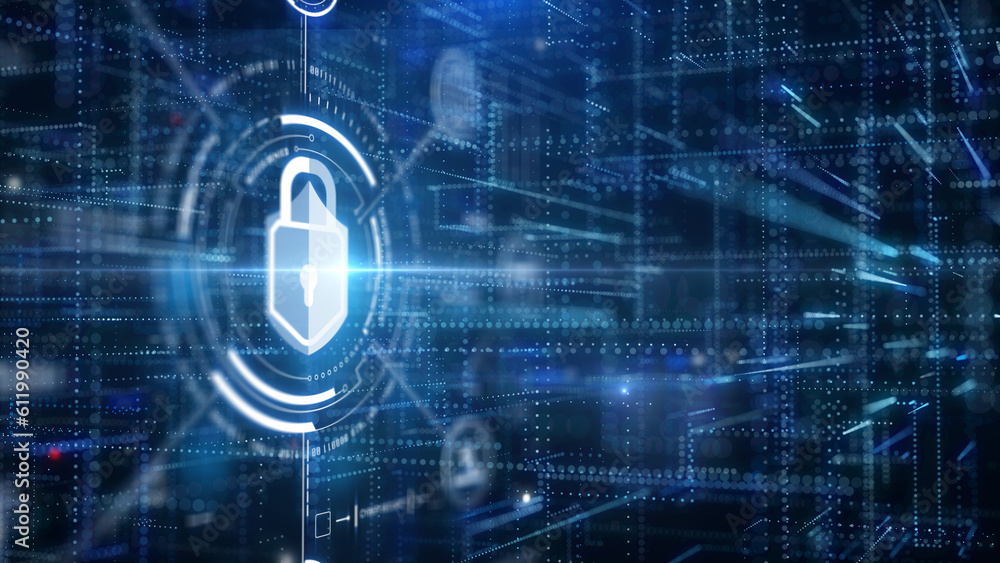 Aufkleber Cyber attack security an encryption network protection business technology. Internet UI access authorize with padlock, shield, folder, wifi icon illustration background.