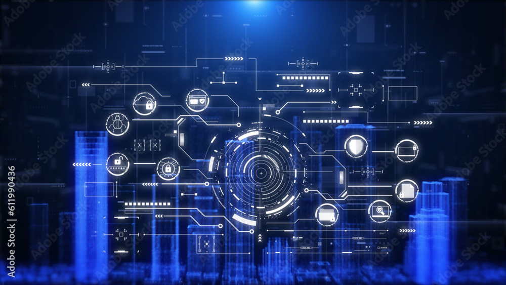 Poster Cyber attack security network protection business technology concept. Safe online data UI authorized universal access on digital building illustration background.
