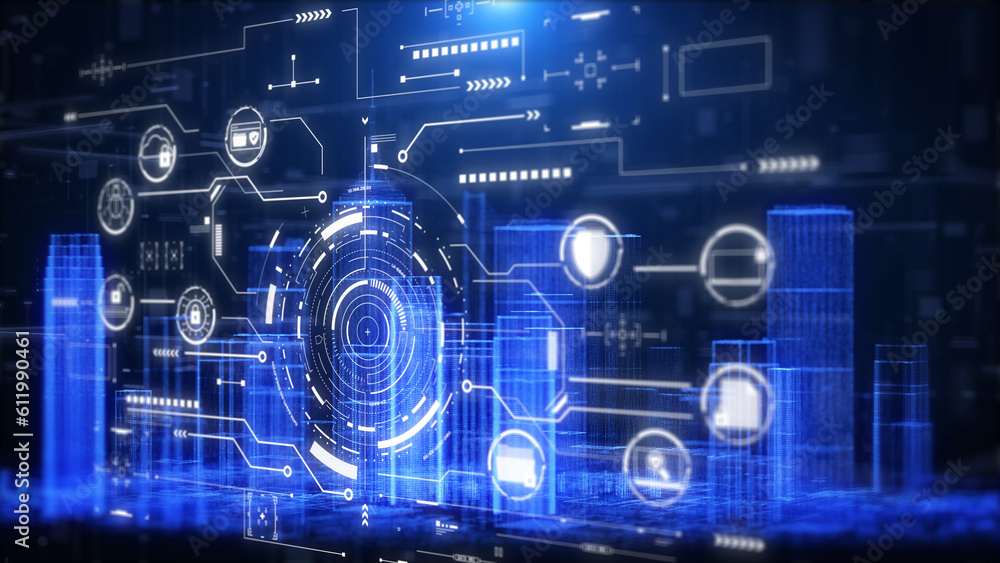 Aufkleber Cyber attack security network protection business technology concept. Safe online data UI authorized universal access on digital building illustration background.
