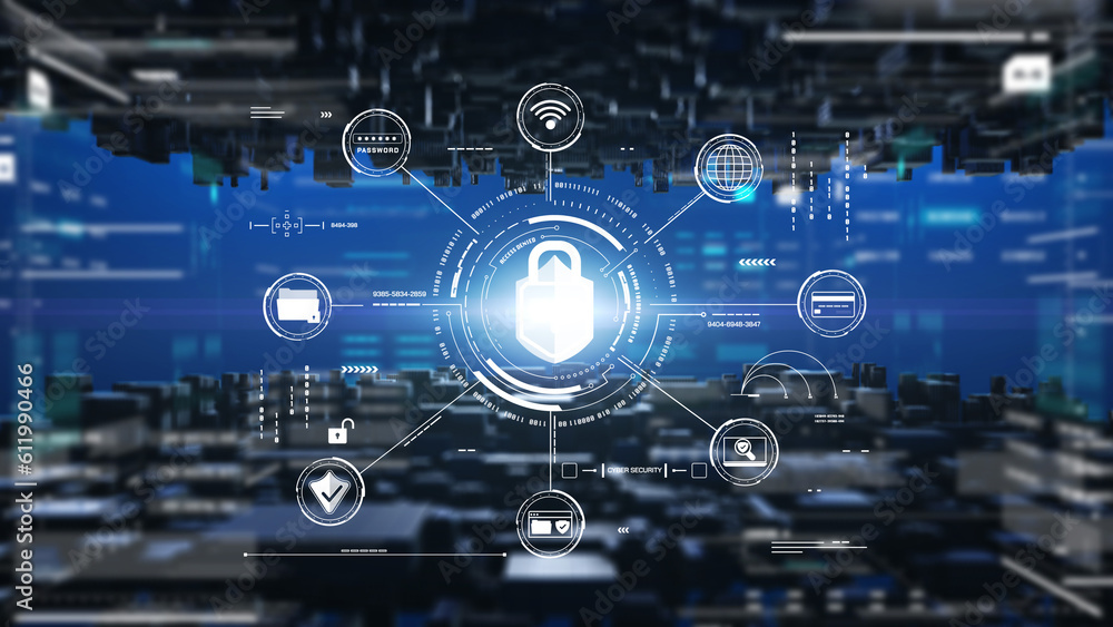 Poster Cyber attack security an encryption network protection business technology. Internet UI access authorize with padlock, shield, folder, wifi icon illustration background.