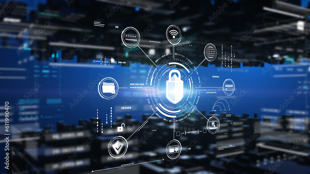 Poster Cyber attack security an encryption network protection business technology. Internet UI access authorize with padlock, shield, folder, wifi icon illustration background.